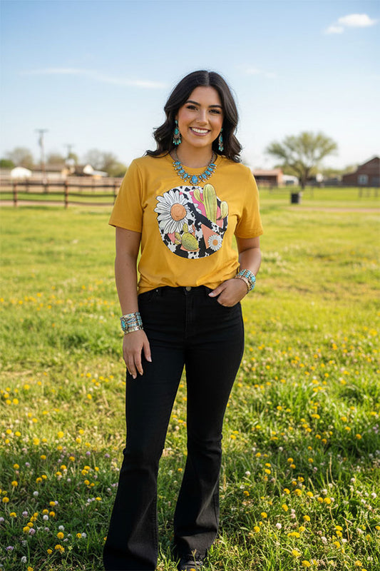 DLH10487 Mustrad Yellow cow peace sign & cactus sunflower printed short sleeve women t-shirt