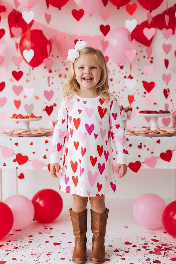 DLH2580 Red & Pink hearts print long sleeve girls dress