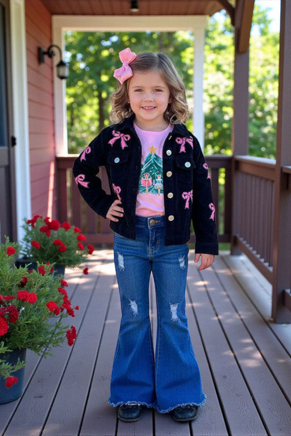 Pink sequin bow black corduroy long sleeve girls jacket XCH03032