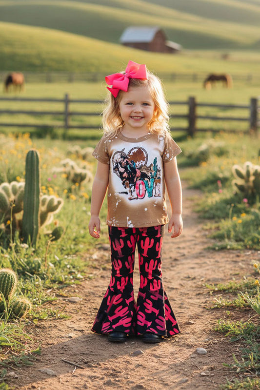 XCH0018-20H LOVE & Riding Printed top & cactus bell bottom western girls sets