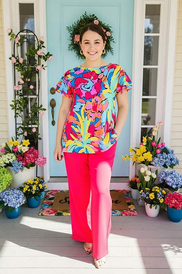 Women's clothing suppliers online floral printed top & pink straight women's set XCH15734