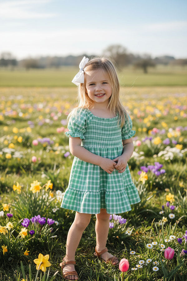 XCH03015 Green plaid gathered & ruffles short sleeve girls dress