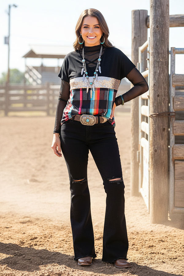 Black & Sequin & Paid color block short sleeve women top FW10214