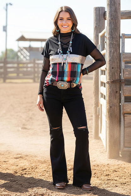 Black & Sequin & Paid color block short sleeve women top FW10214
