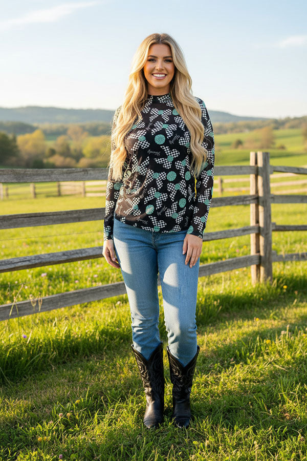 Howdy & checkered bow printed sheer long sleeve mesh women top XCH16861