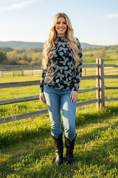 Howdy & checkered bow printed sheer long sleeve mesh women top XCH16861