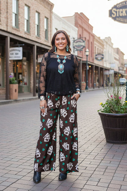 Western cowboy printed wide leg women pant XCH16879