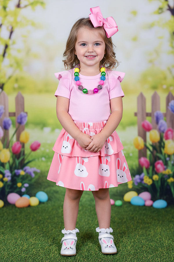 Pink pit cotton top & pink bunny skirts 2pcs easter girls sets XCH04021