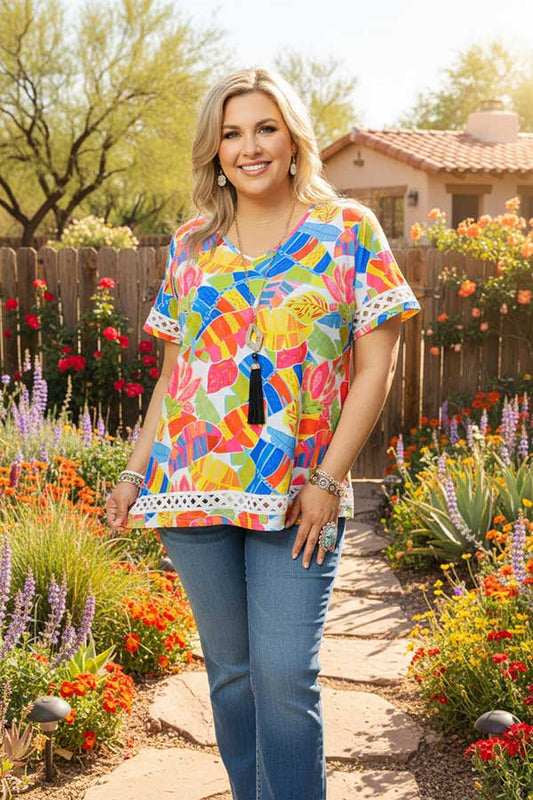 XCH15927 Multi color leaves printed short sleeve women tops w/white lace trim