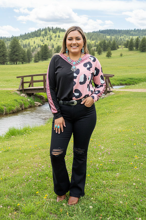 Western Stitch Leopard & black & sequin long sleeve women top XCH14656