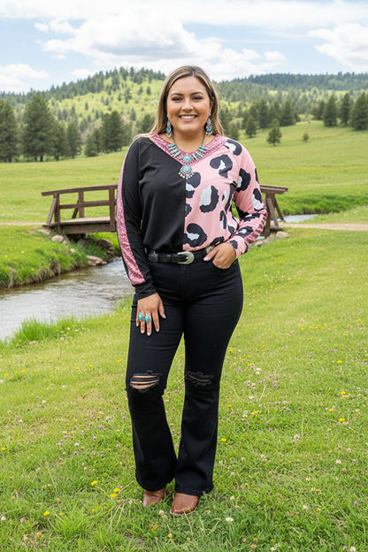 Western Stitch Leopard & black & sequin long sleeve women top XCH14656