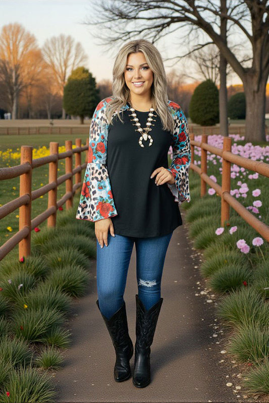 Plus size western black & floral bell raglan long sleeve women blouse GJQ15193