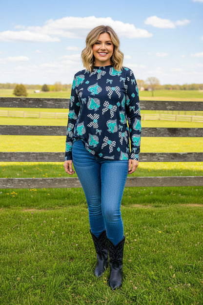Western riding horse turquoise & green & checkered long sleeve top XCH16871
