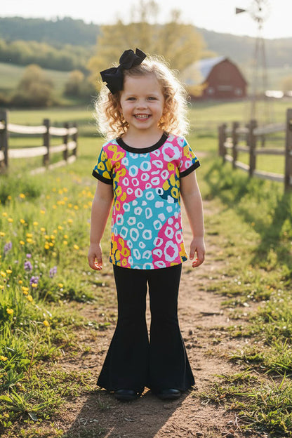Colorful leopard prints top black bell bottom 2pc girls sets XCH04003