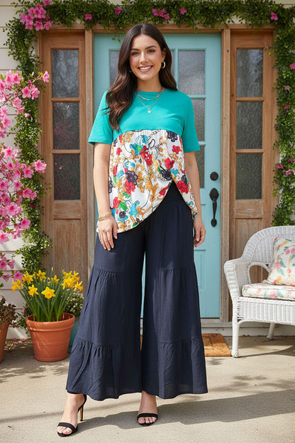 Women's clothing vendors Turquoise&  Paisley floral prints baby doll tops GJQ14904