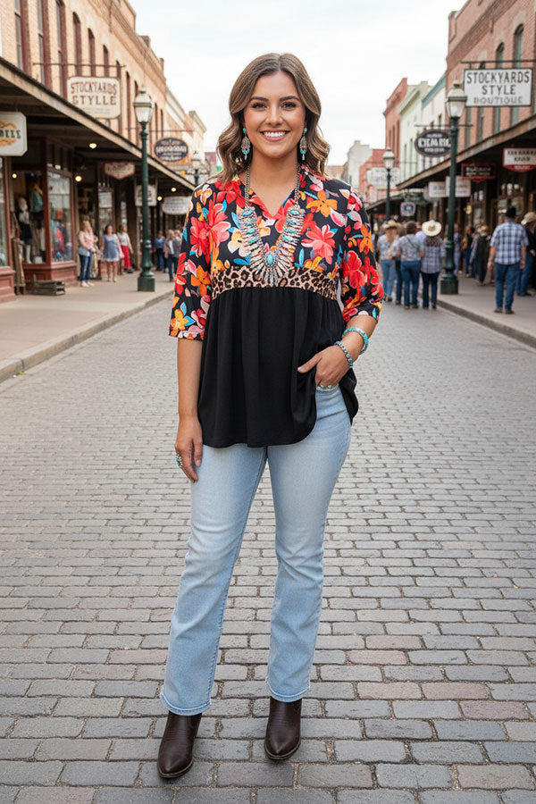 Floral & leopard & black color block half sleeves women top GJQ16303