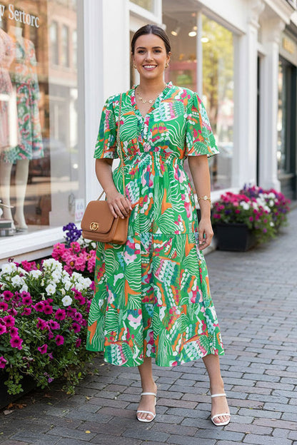 Southern Stitch Green floral spring short sleeve women dress w/elastic waist GJQ16824