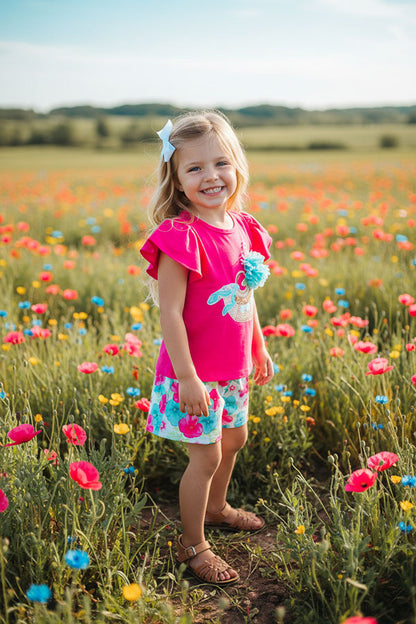 childrens clothing sets wholesale Fuchsia top & floral prints shorts 2pcs girls sets DLH2873
