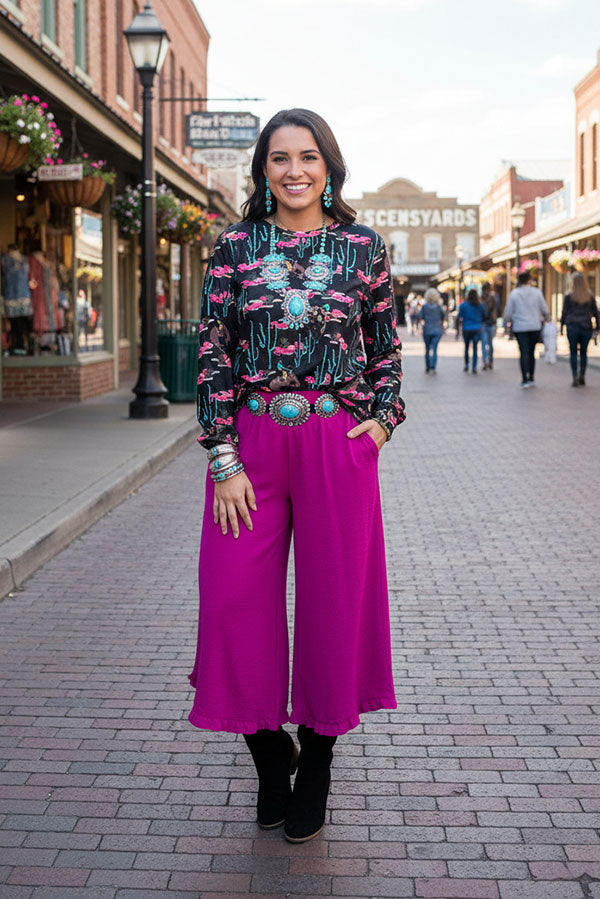 Western cactus & cowboy & pink flower long sleeve women top XCH16915