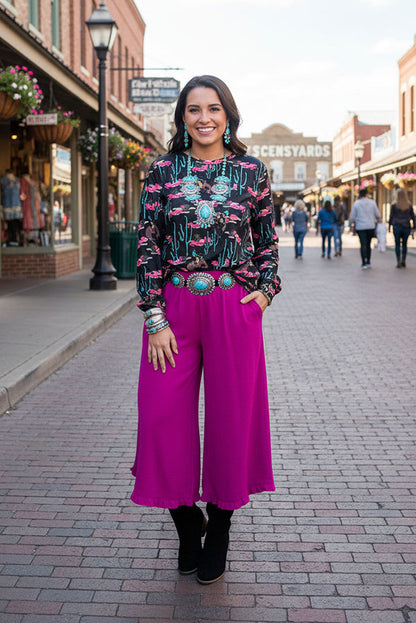 Western cactus & cowboy & pink flower long sleeve women top XCH16915