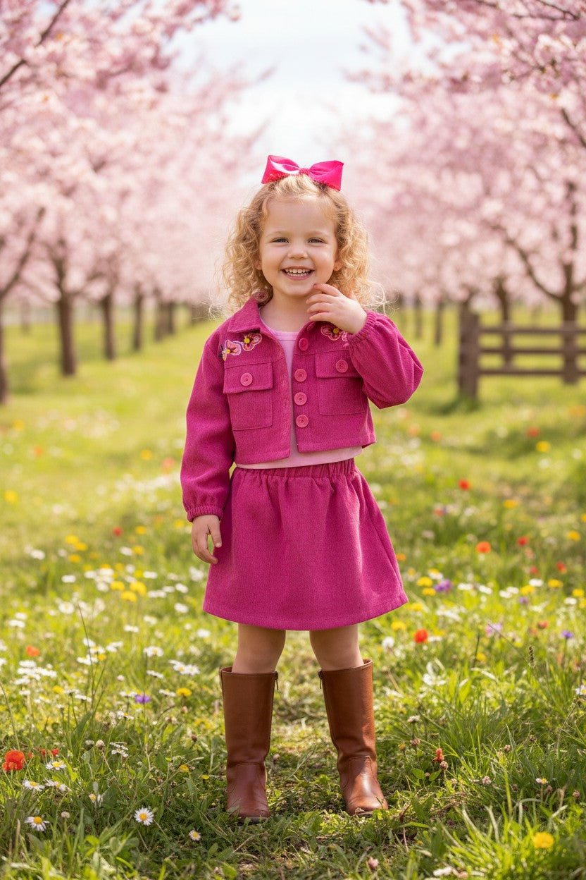 Corduroy floral embroidery coat & pink short sleeve top & emboridery skirt 3pc girls sets DLH2833