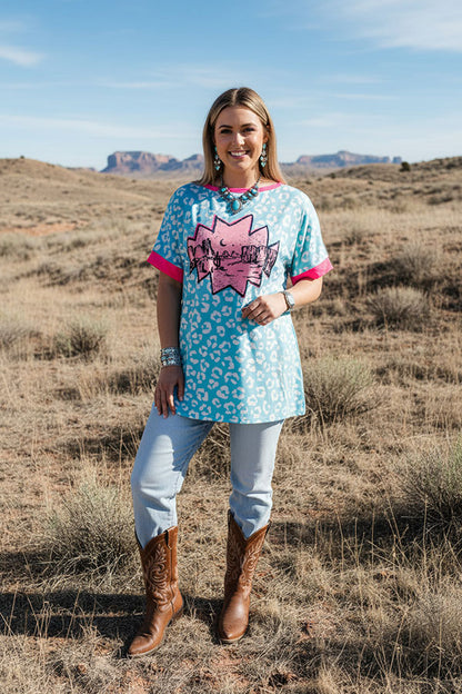 Western women's t-shirt suppliers Aztec & leopard printed with pink trim short sleeve XCH14827