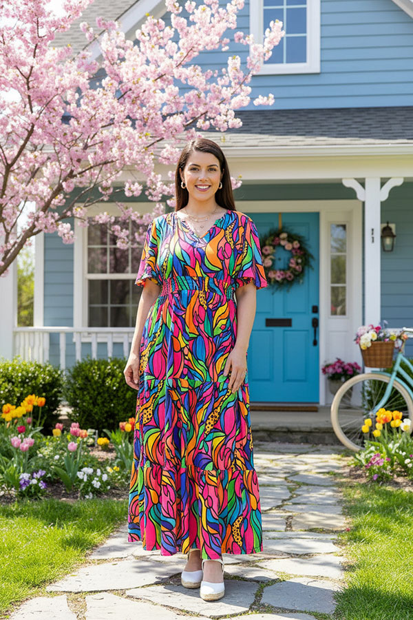 Women's Maxi Dress Rose Abstract Print & Bell sleeves XCH16585