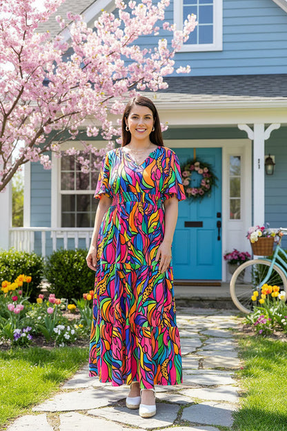 Women's Maxi Dress Rose Abstract Print & Bell sleeves XCH16585