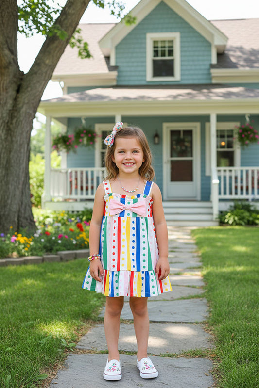 Girls dress wholesale Multi color stripes & dots prints w/pink bow XCH03018