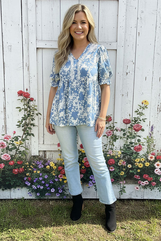 Floral printed baby doll puff short sleeve women blouse w/lace trim GJQ16641