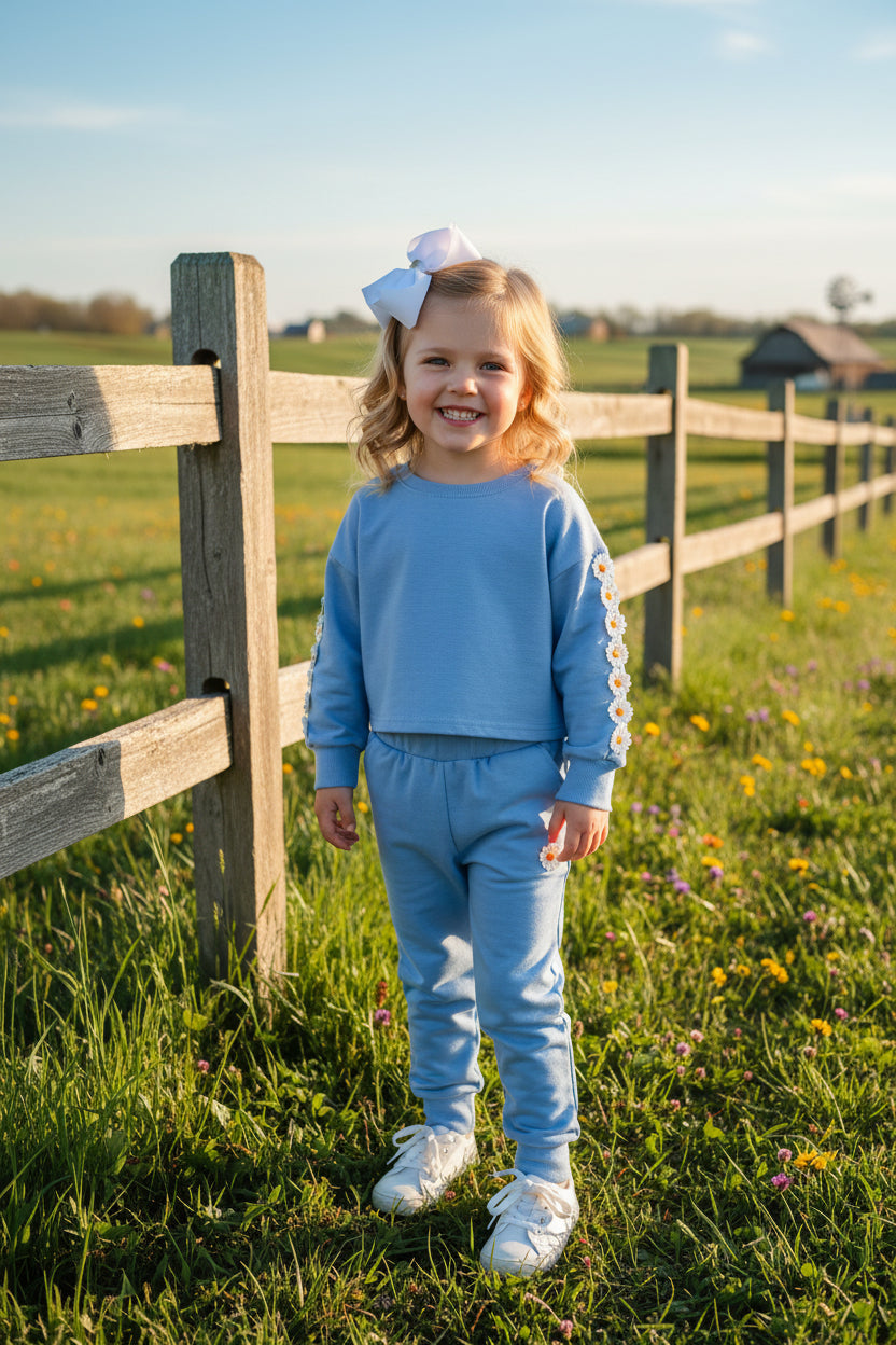 Blue long sleeve pullover shirt & pant 2pcs girls clothing sets w/daisy DLH2815