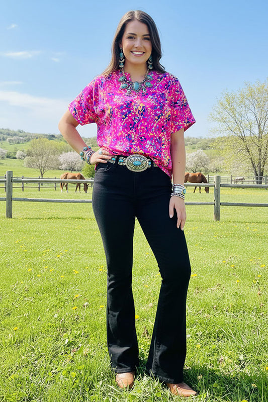 Floral printed short sleeve V-neckline women tops w/side slits GJQ15843