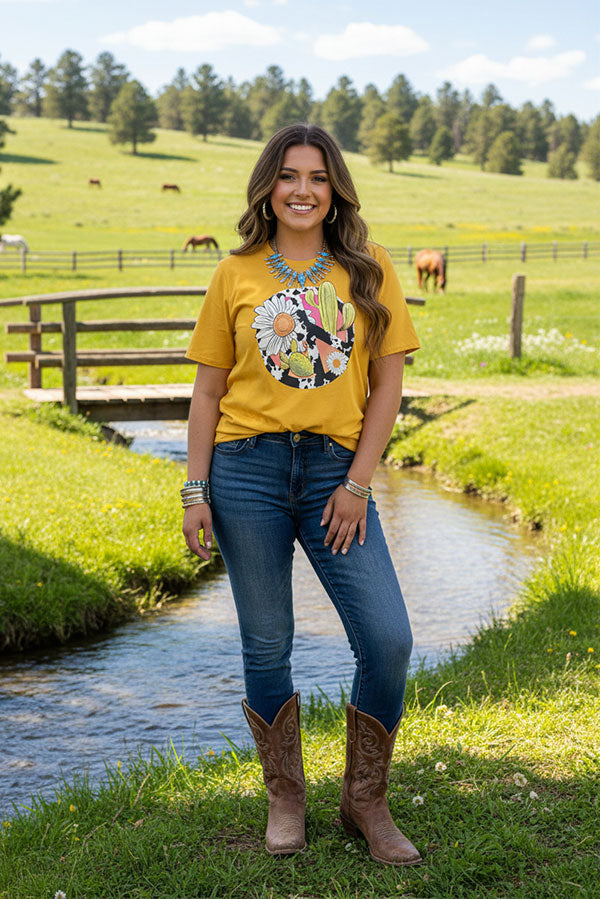 DLH10487 Mustrad Yellow cow peace sign & cactus sunflower printed short sleeve women t-shirt