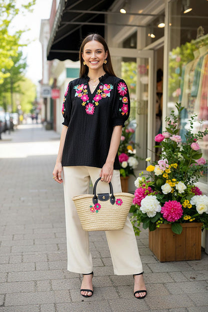 Black gingham mulit color birds flower embidery short sleeve women top XCH16341