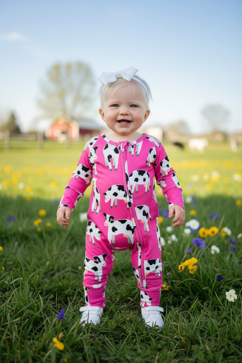 Baby clothes wholesale pink cow printed long sleeve infant romper XCH05010