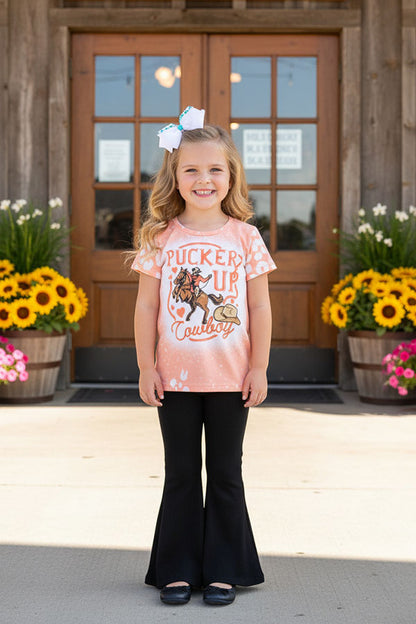 "PUCKER UP Cowboy" s top & black pant 2pc western girls sets XCH0018-19
