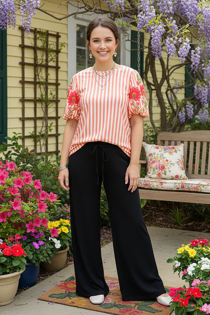 Floral embroidery coral stripes puff short sleeve spring women's top XCH16648