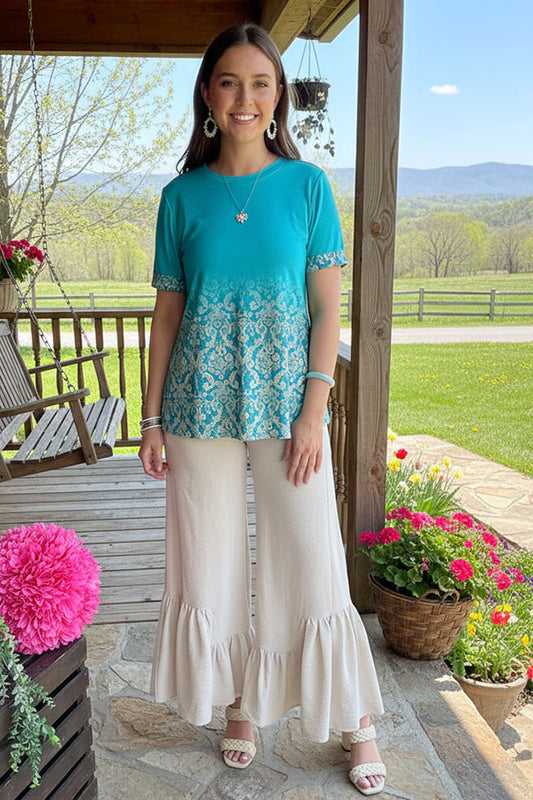 Western mint paisley printed tie dye short sleeve women top GJQ16461