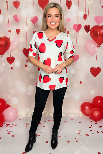 Hearts printed short sleeve women top w/v-neckline GJQ12512