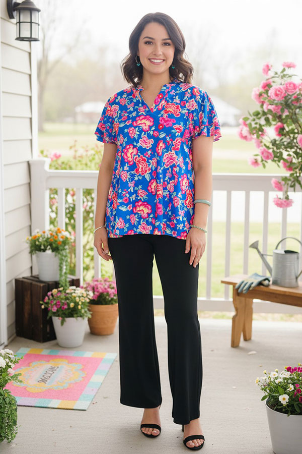 Floral printed blue double ruffle bell short sleeve women's blouse GJQ16191