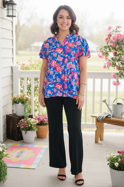 Floral printed blue double ruffle bell short sleeve women's blouse GJQ16191