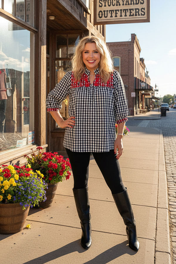 Black pliad red embroidery baby doll women top XCH16566