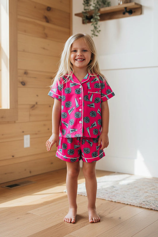Girls pajamas sets suppliers Cheer prints fuchsia top & shorts 2pc kids sets XCH04027