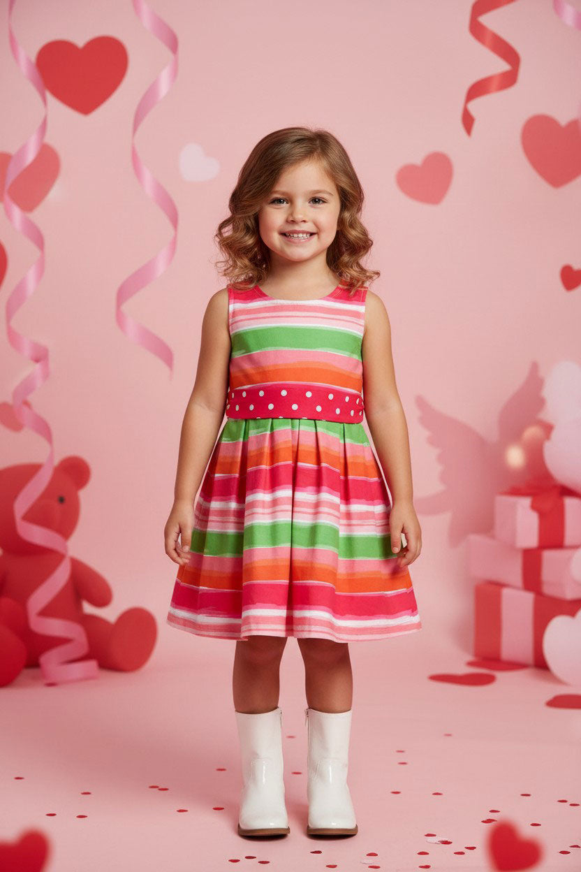 Mutli color stripes printed sleeveless girls dress with belt DLH2888