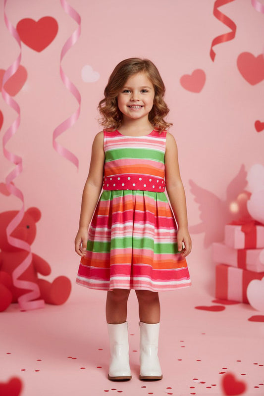 Mutli color stripes printed sleeveless girls dress with belt DLH2888