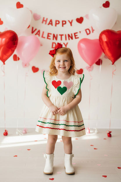 Red pink green hearts & green pompoms cream girls dress DLH2886
