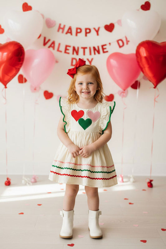 Red pink green hearts & green pompoms cream girls dress DLH2886