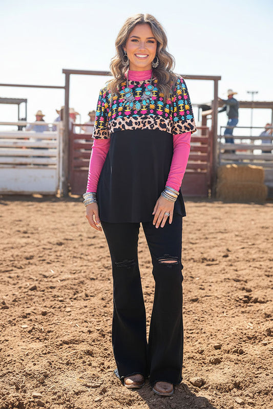 GJQ12647 Black Aztec & leopard printed short sleeve women top
