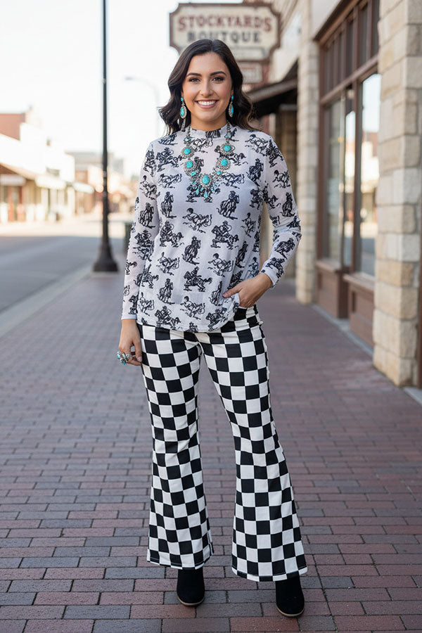 Western cowboy printed mesh long sleeve sheer women top XCH16964