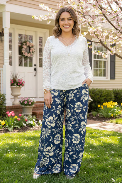 Navy blue floral printed wide leg casual womens pants GJQ16928